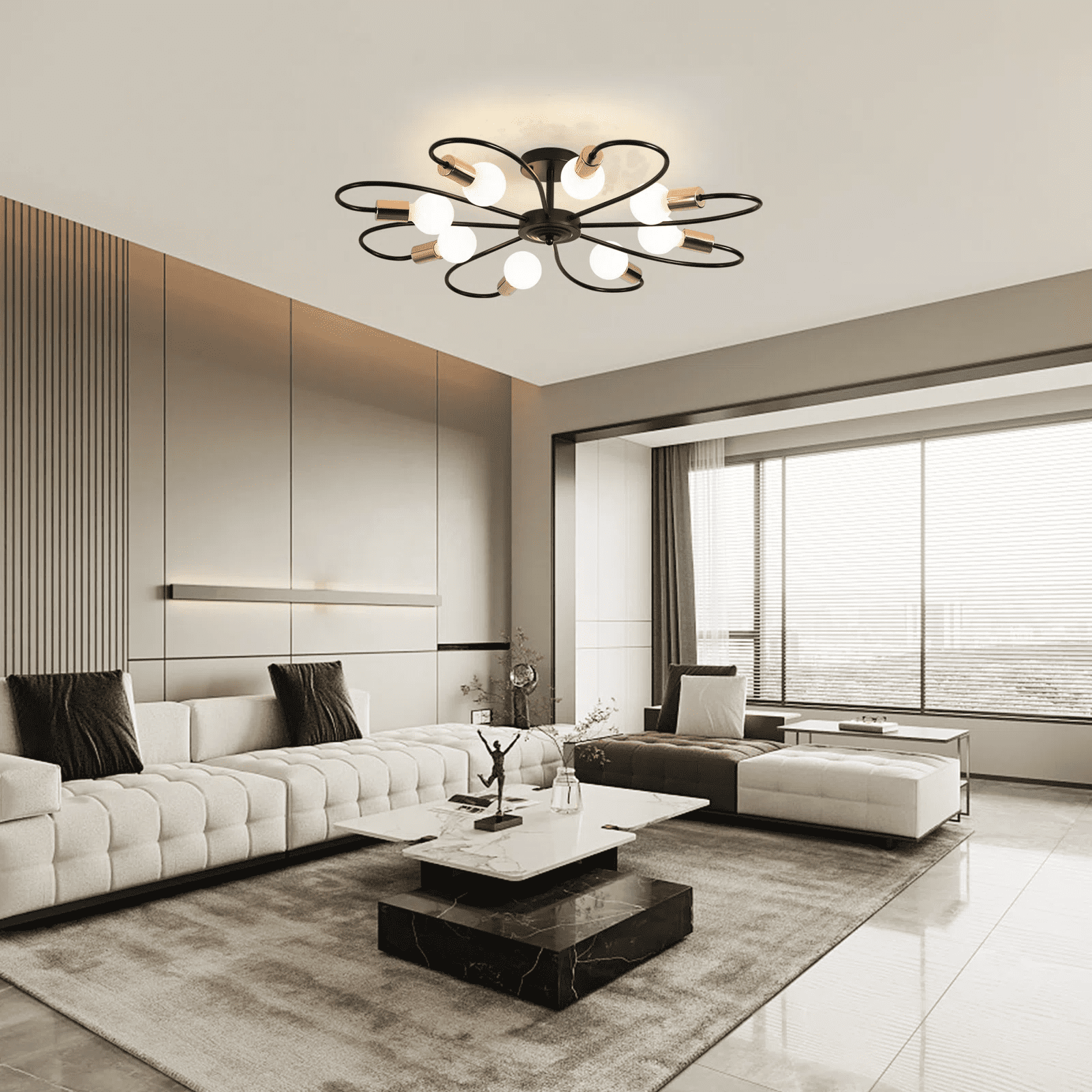 Ganeed 8-Light Semi Flush Ceiling Light, Modern Sputnik Chandeliers , Industrial Vintage Ceiling Lamp Fixture for Kitchen Dining Living Room Bedroom (Black&Gold)