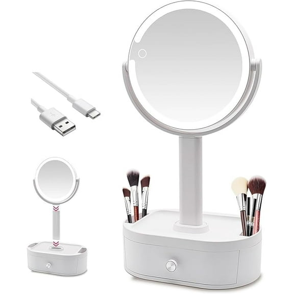 Premium LED Lighted Makeup Mirror with Storage Box – Desktop Vanity Mirror for Home & Student Dormitories | Rechargeable, All-in-One Design