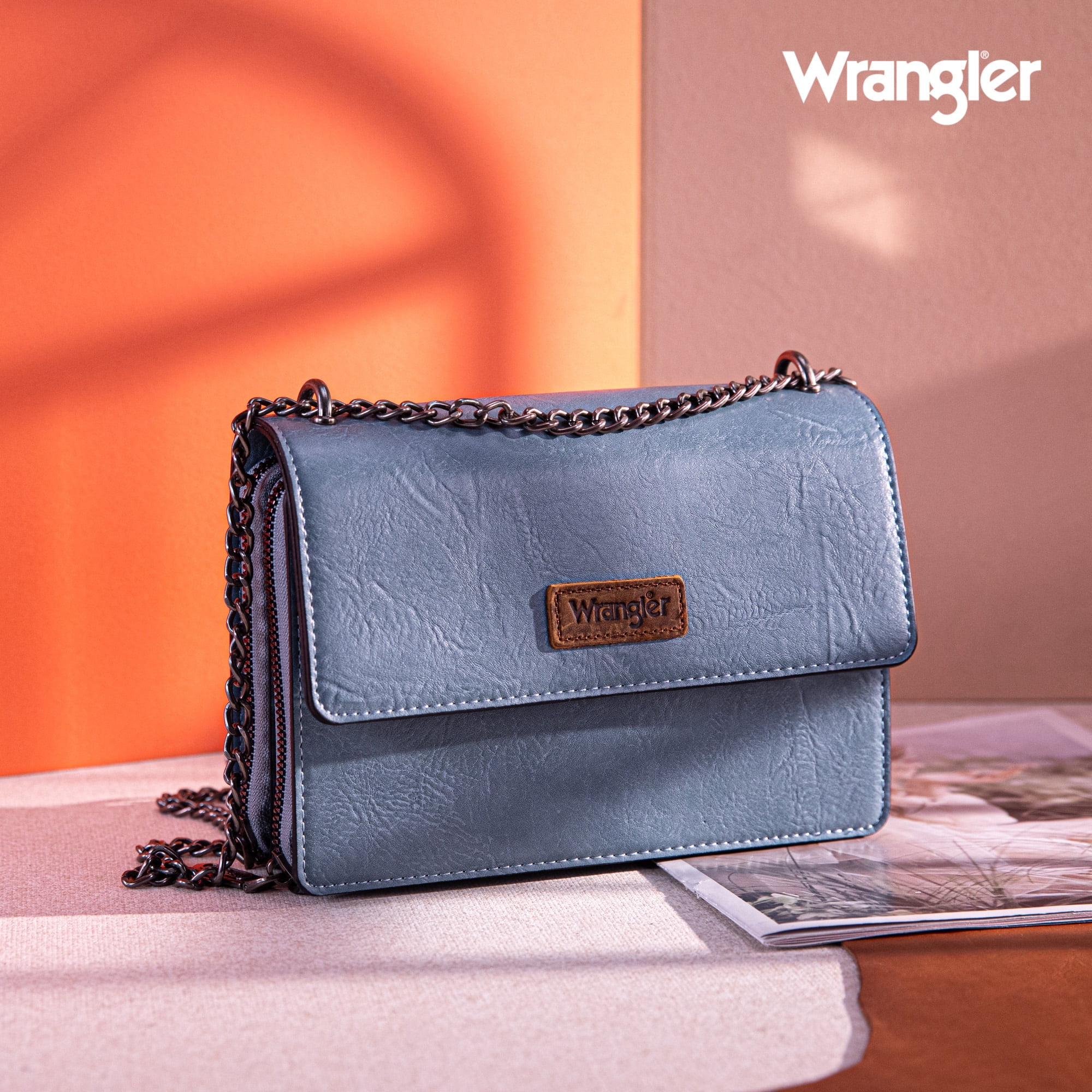 Wrangler Flap CrossBody Purse for Women Small Shoulder Bag with Chain Strap, Jean
