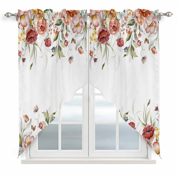 Swag Valance Curtains for Windows, Pink Floral Light Filtering Kitchen Curtains with Rod Pocket, Spring Pastoral Botanical Wildflowers Leaves Window Treatment Valances for Living Room, 36x36 - 2 PCS