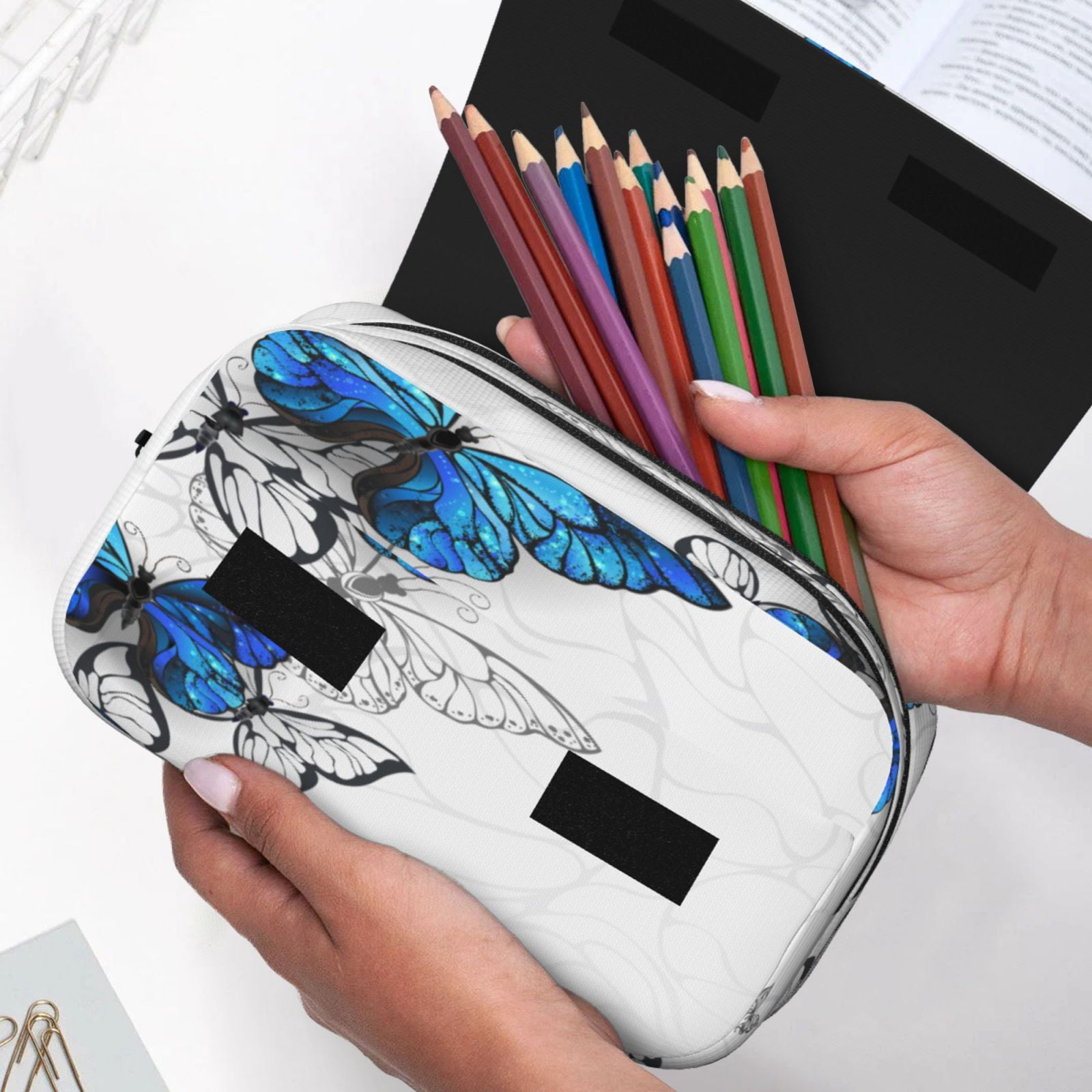 Rateoe Blue Flying Butterflies Pattern Double Clamshell Pen Case, Storage Organizer with Two Zipper Compartments– Holds Up to 50 Pencils & Pens