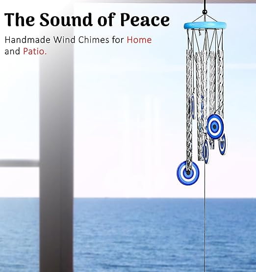Evil Eye Wind Chime for Home Décor, 27-Inch Turkish Evil Eye Wind Chime with 5 Silver Pipes for Positive Energy, Wall Hanging, Living Room, Balcony & Garden Indoor and Outdoor Use Housewarming Gift