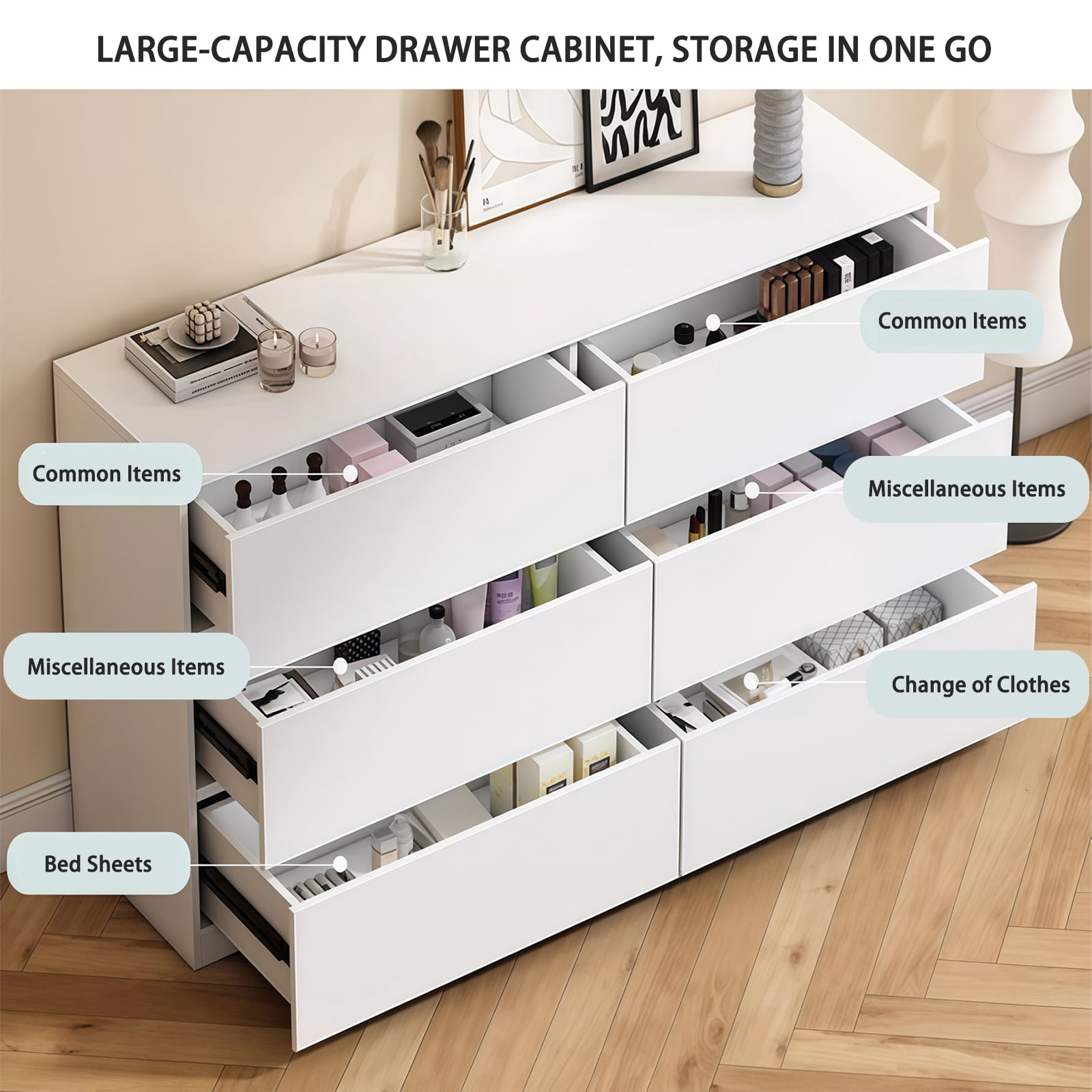 White 6 Drawer Dresser, Modern Dresser for Bedroom, Wood Storage Cabinet with 6 Deep Drawers, Concealed Handles for Living Room, Hallway Entryway