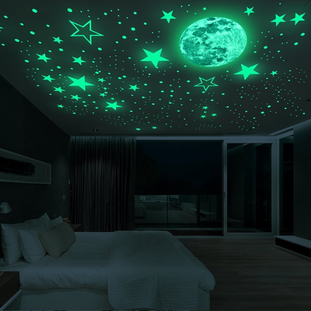 Pegatinas de pared 3D con puntos luminosos y calcomanías de luna para pared, decoración de pared fluorescente y lunar para dormitorio infantil, habitación infantil, techo