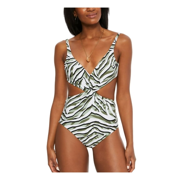 BAR III Women's Green Printed Cutout Adjustable Tie Deep V Neck Twist Front Hypno Beach Chic One Piece Swimsuit L