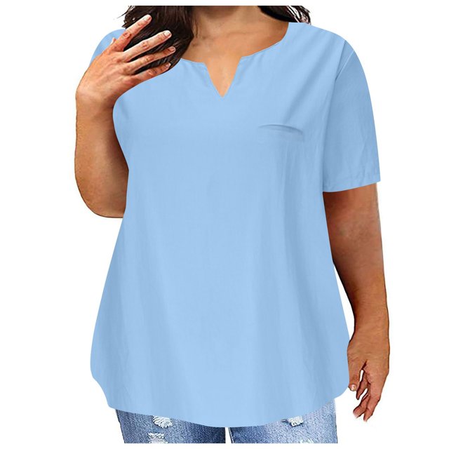 Top de Manga Corta de Verano para las Mujeres de Tamaño Grande Falso Bolsillo V-Cuello Camiseta, Mezcla de Poliéster Algodón Spandex Top Casual, Lavado a Mano Más Tamaño
