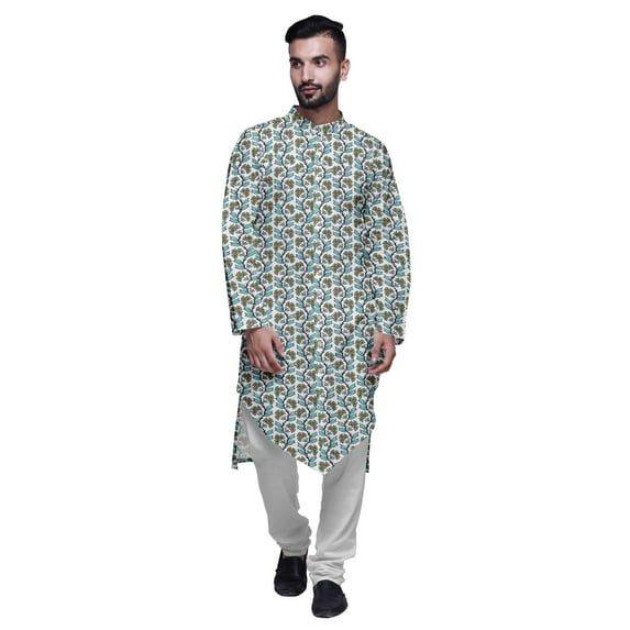 Atasi Mandarin Collar Printed Long Mens Kurta Pajama Set Boys Casual Wear