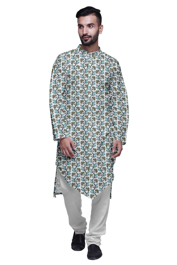Mandarin Collar Printed Long Mens Kurta Pajama Set Boys Casual Wear