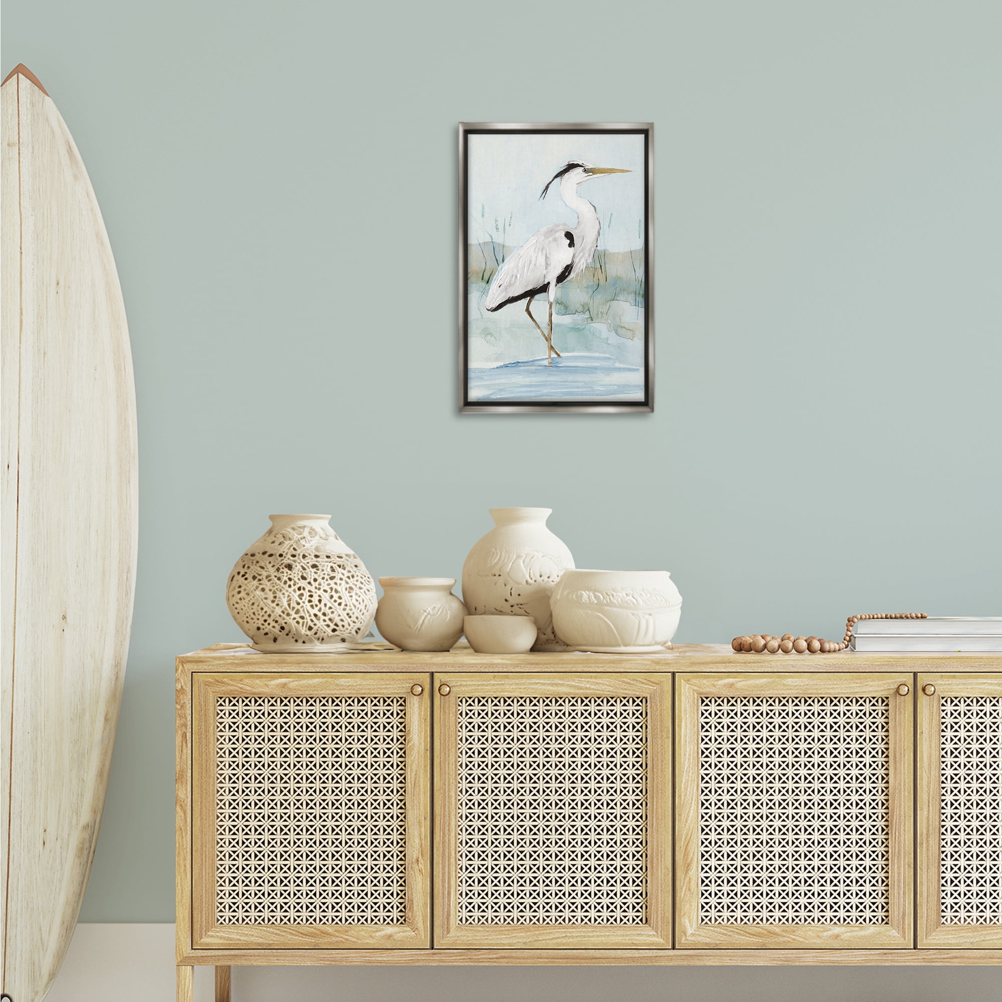 Stupell Industries Stepping White Egret Animals Painting Gray Floater Framed Canvas Art Print Wall Art, 17 x 25