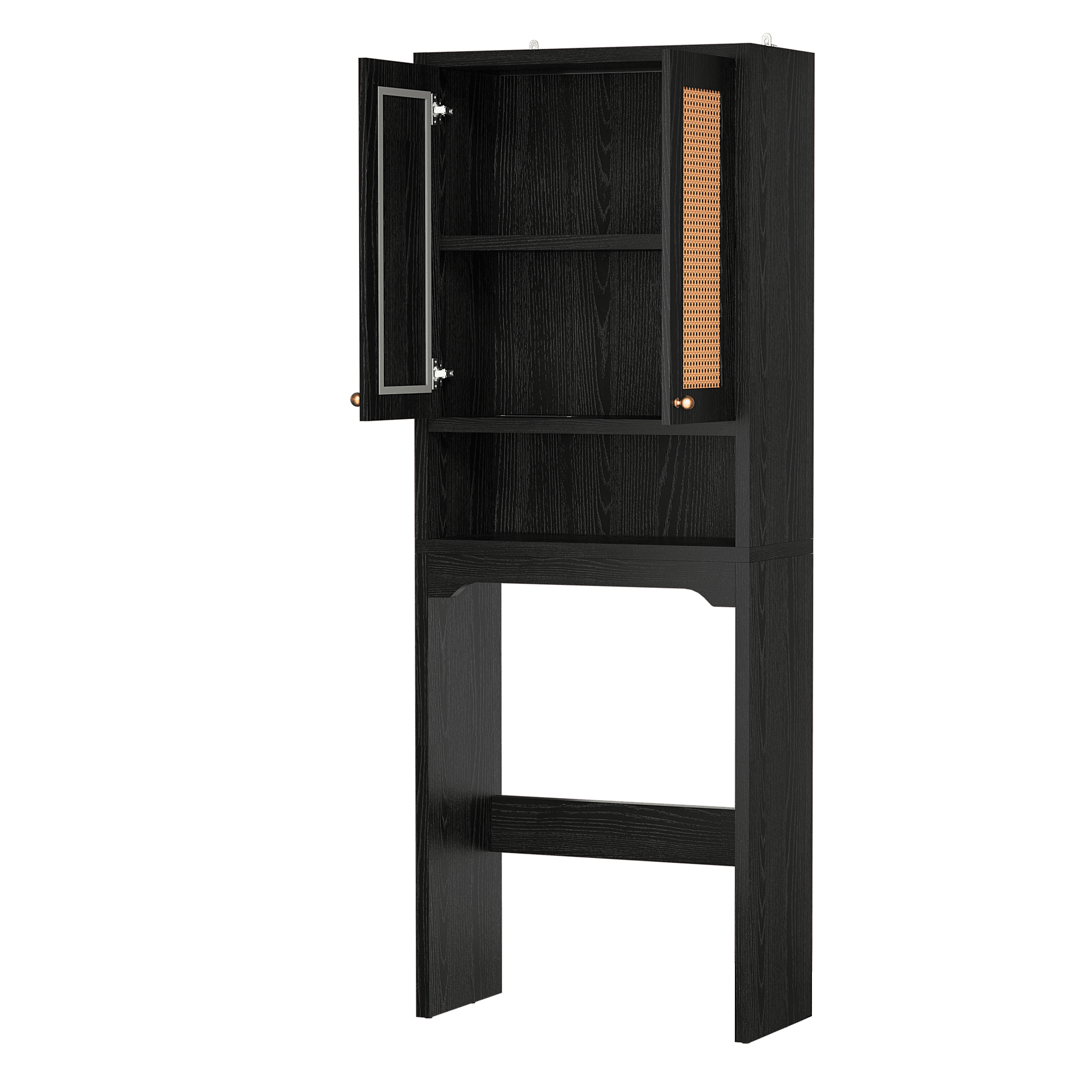 Mintazer Farmhouse Over The Toilet Storage Cabinet, Freestanding Bathroom Organizer Toilet Rack with 2 Rattan Doors, Black