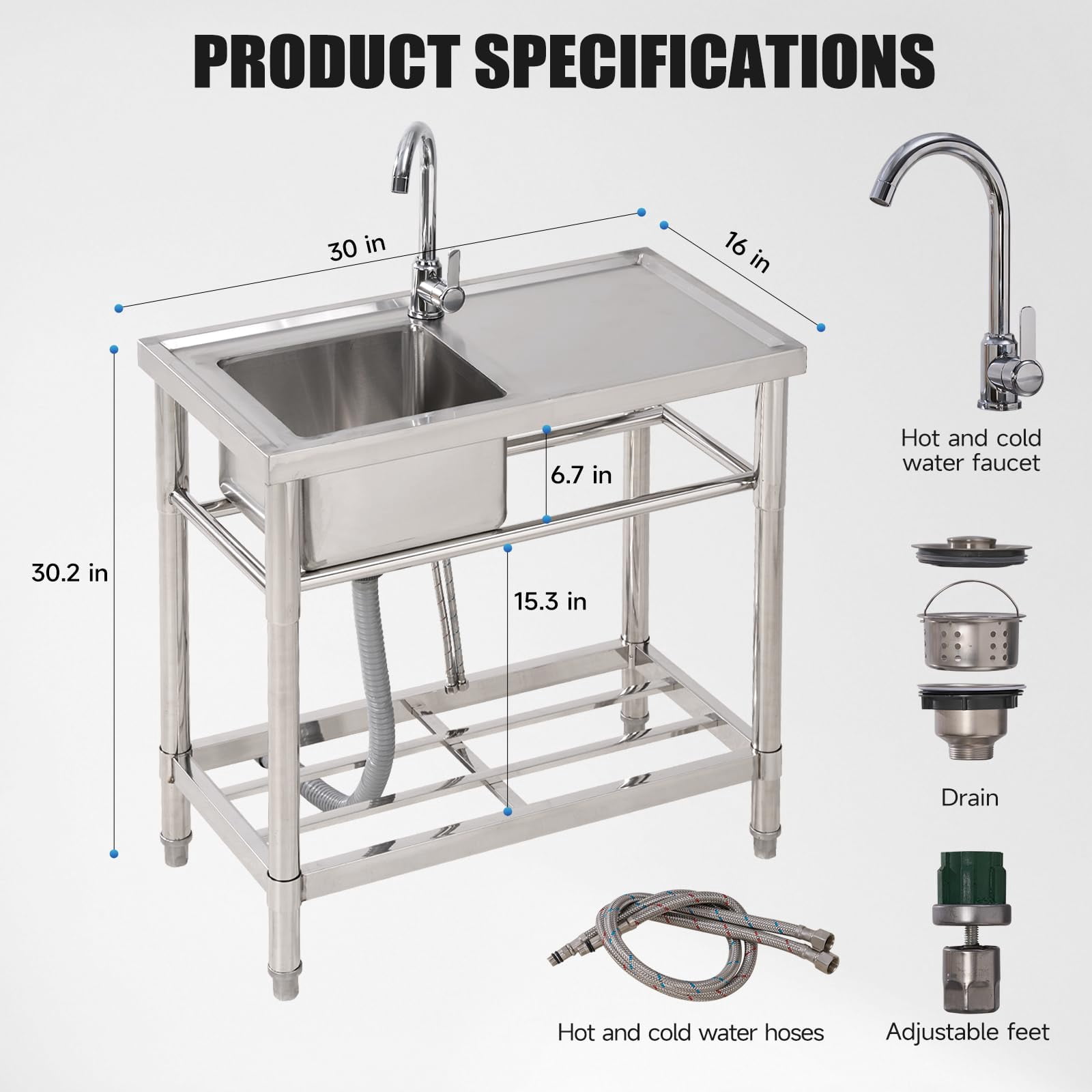 Kojooin Stainless Steel Utility Sink, 30" Free Standing Single Bowl Commercial Kitchen Sink with Cold and Hot Water Pipes for Laundry Room Bathroom Farmhouse