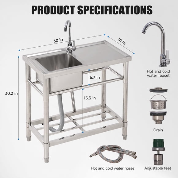 BeesClover Stainless Steel Utility Sink, 30" Single Bowl Kitchen Laundry Sink with Cold and Hot Water Pipe, Stainless Steel Commercial with Workbench, for Indoor & Outdoor