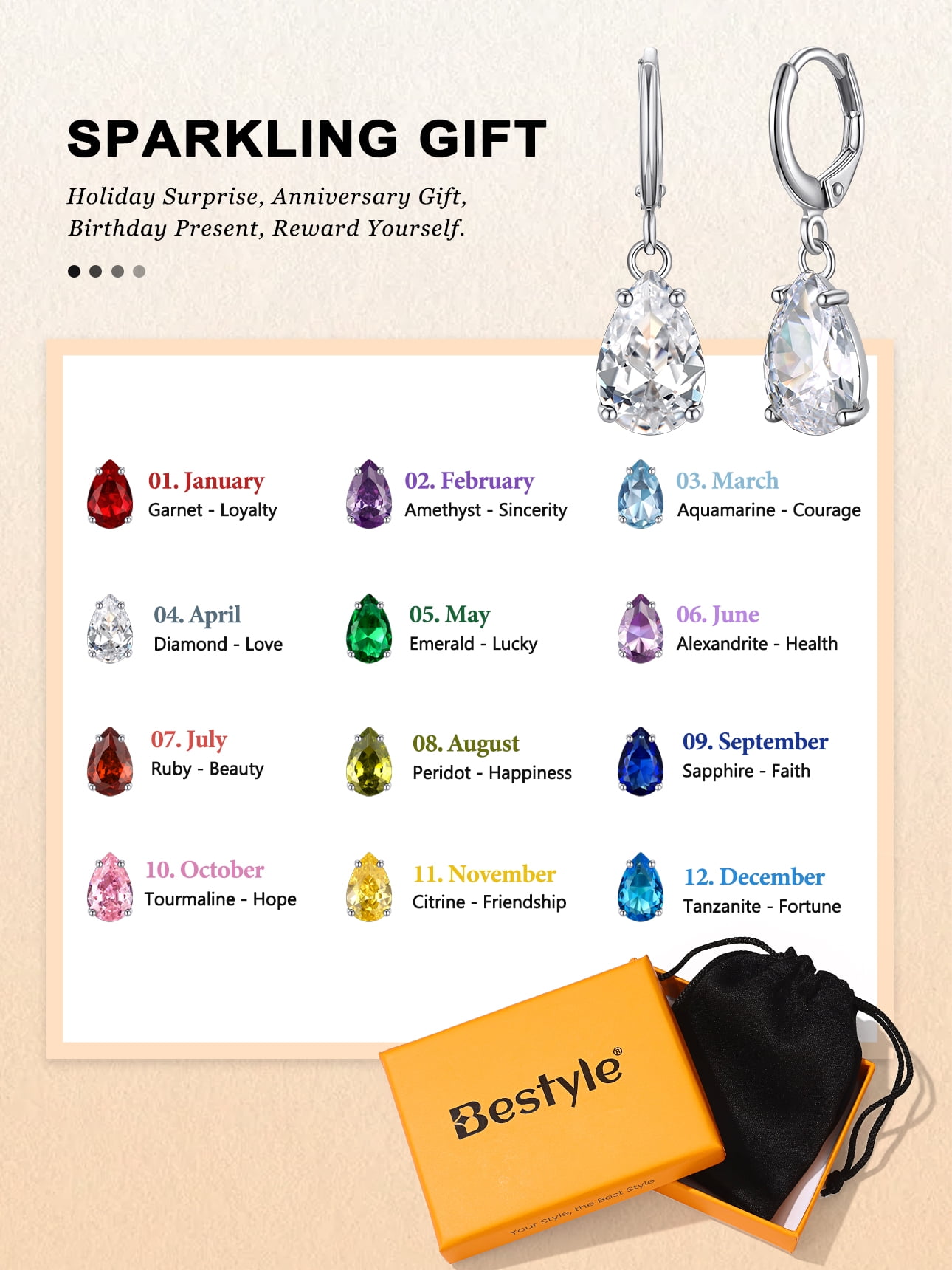 Bestyle Created Diamond Dangle Earrings Women Pure 925 Sterling Silver Hoop Earrings Birthstone Jewelry for Sensitive Ears daily Wear
