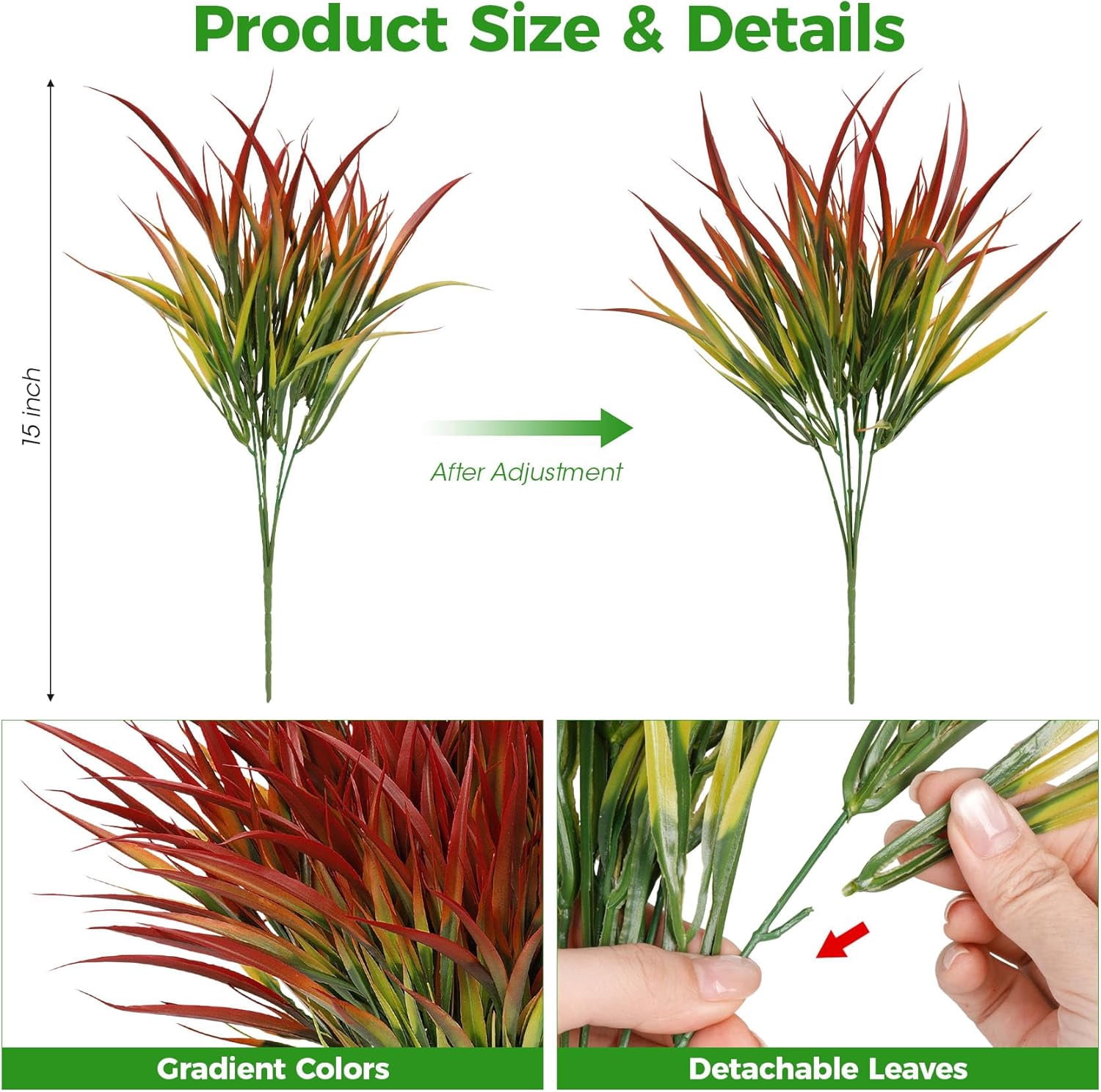 16 Pcs Artificial Plants Outdoor Fake Grass Faux Greenery Stems UV Resistant Plastic Plants Shrubs for Planters Patio Garden Front Porch Pathway Spring Summer Home Decor, Red