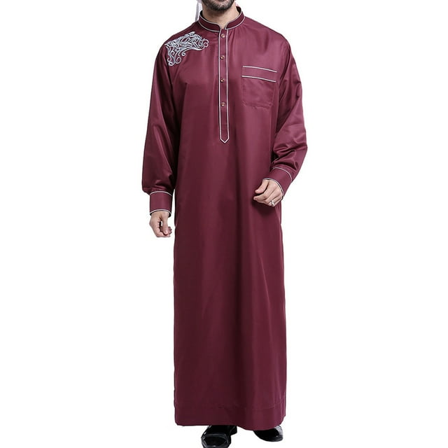 Lovzfmll Thobe Musulman pour Hommes Arabe Moyen-Orient Longue Robe Manches Longues Col Montant Brodé Poche Longue Robe Vin, P