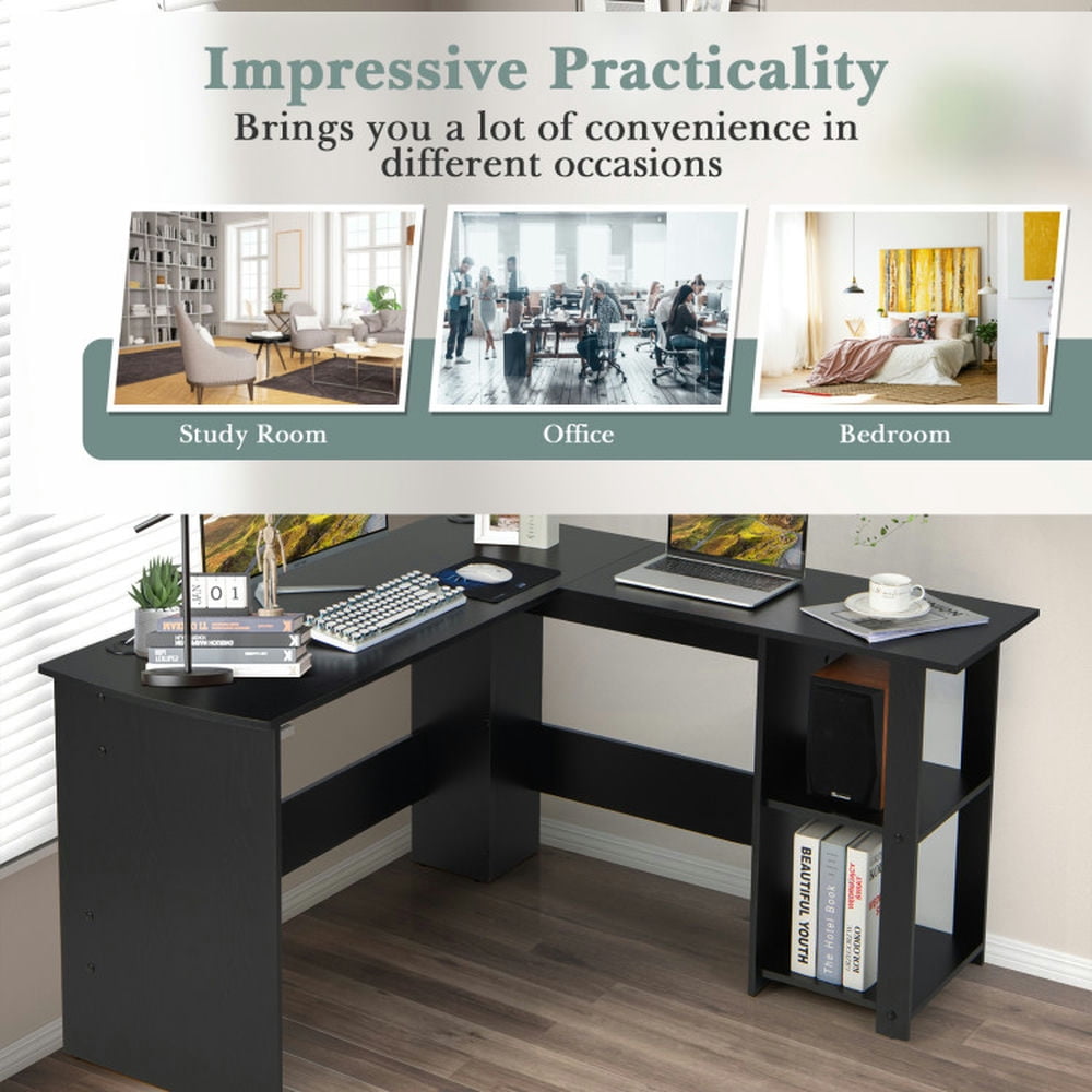 Demi Bonn L Shaped Corner Computer Desk with Storage Shelves, Small Home Office Desk Study Writing Table, Black
