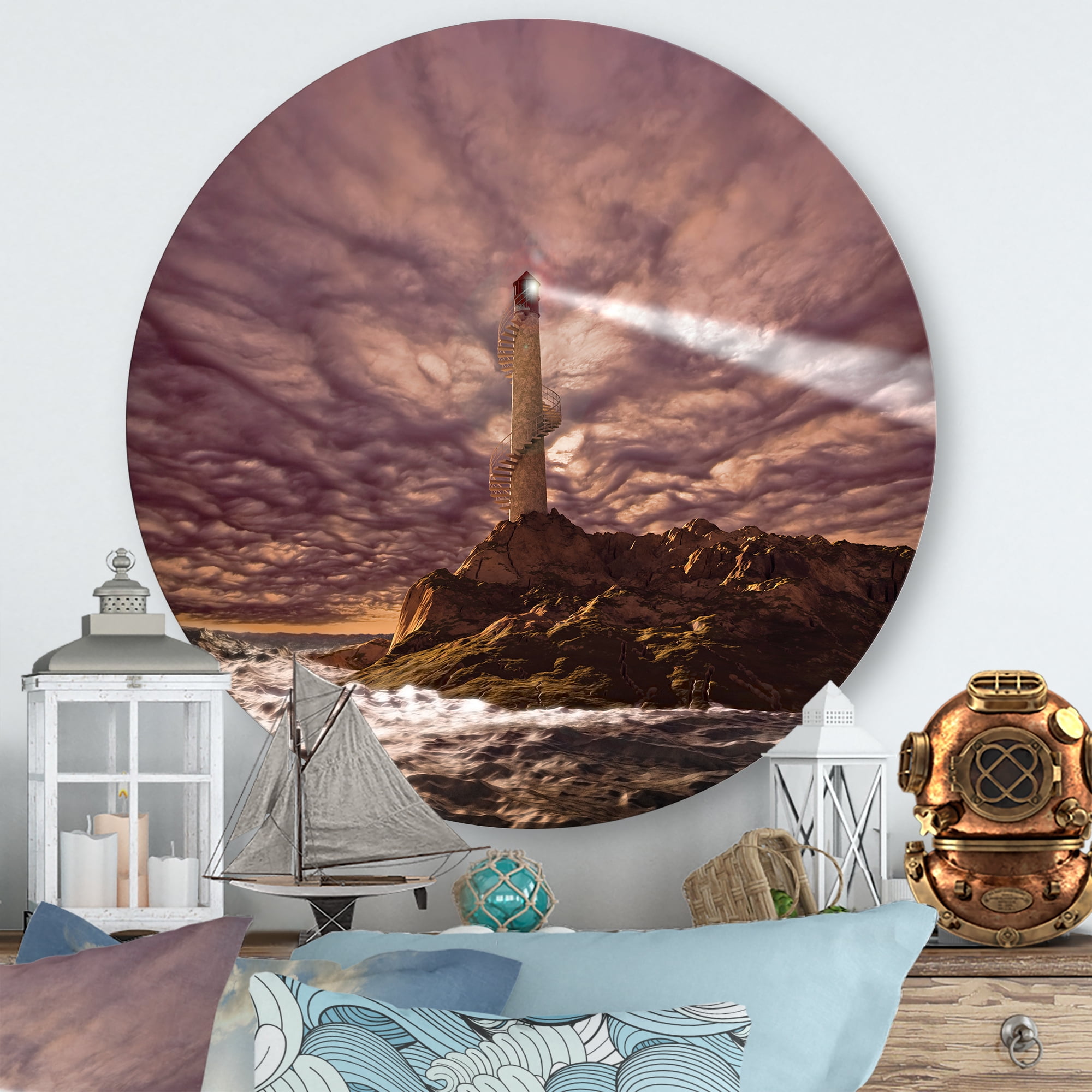 Designart 'Lighthouse Shining Light During Stormy Clouds Night I' Nautical & Coastal Circle Metal Wall Art 11x11 - Disc of 11
