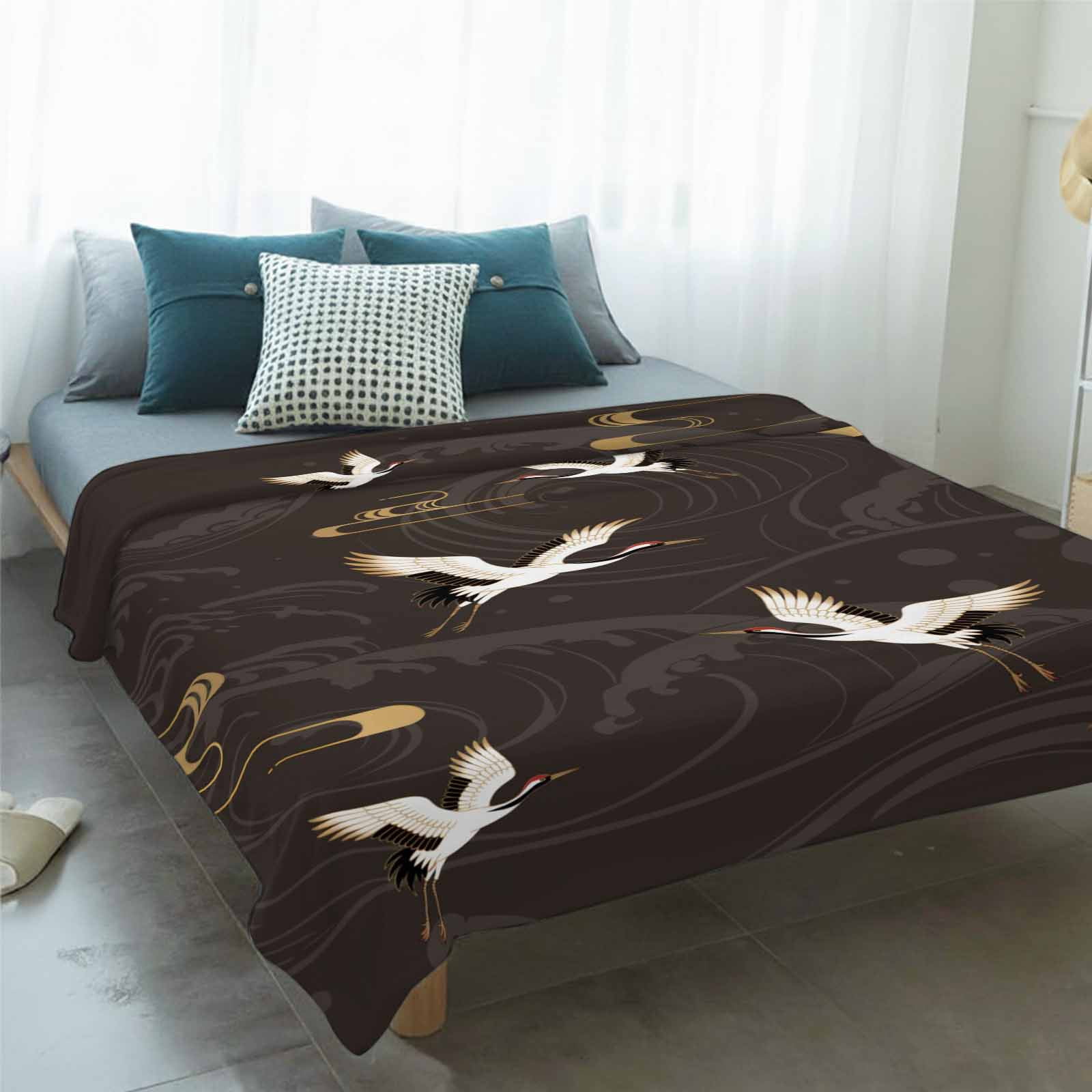 Japanese Style Blanket Soft Cozy Warm Throw Blanket for Couch, Plush Fuzzy Flannel Fleece Blankets for Sofa, Vintage Cranes Ocean Wave Black Grey Bed Blankets Lightweight Gifts for Women, 32"x48"