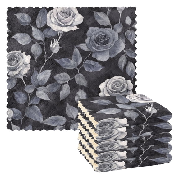 6 Pieces of Kitchen Towels 11x11Inch Kitchen Dish Cloths Kitchen Dish Towels Reuseable Cleaning Cloths Black Flowers Seamless