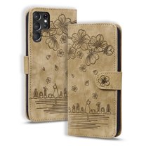 SaniMore Magnetic Wallet Case for Samsung Galaxy S22 Ultra [RFID Blocking] Card Holder, Cartoon Embossing PU Leather Cover Built-in Kickstand & Wrist Strap Shockproof Protective Shell, Brown