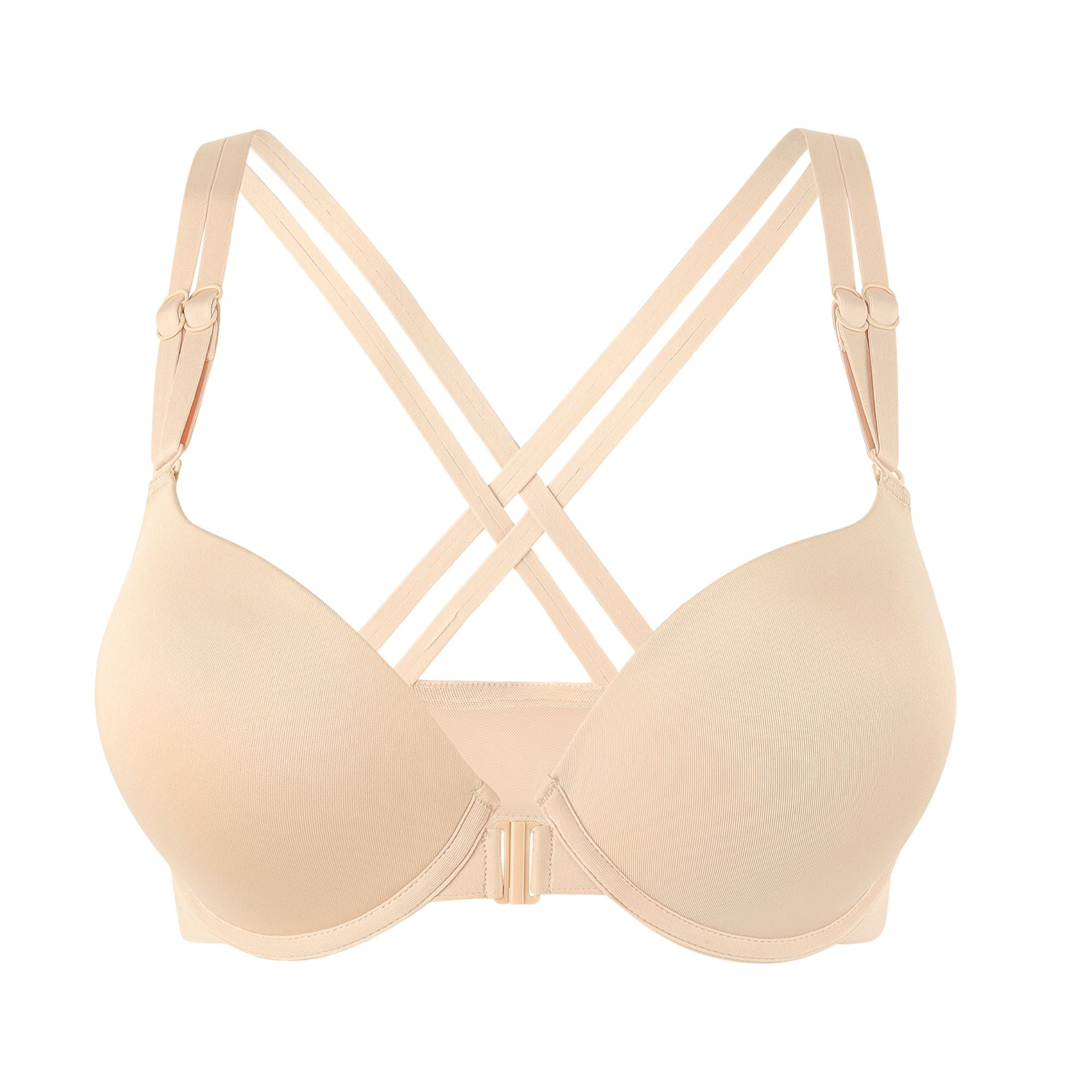 YANDW Women's Push Up Bra Racerback Front Closure Criss-Cross Padded T-Shirt Bras Underwire Add Cup, Beige 44A