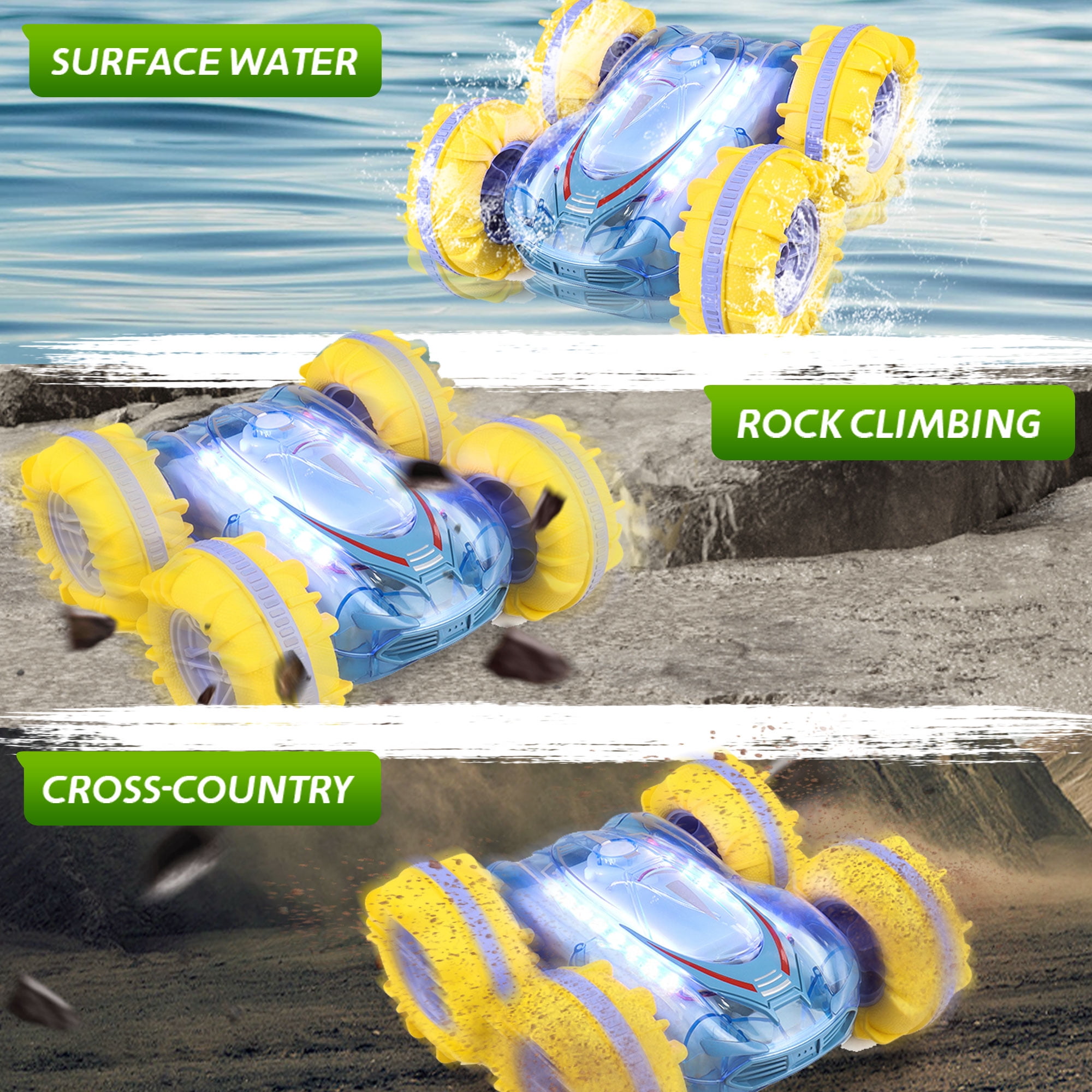 Yexmas Amphibious 4WD RC Stunt Car with LED Lights, 360° Flip, All-Terrain Monster Truck, Water Beach Pool Toys for Boys Girls