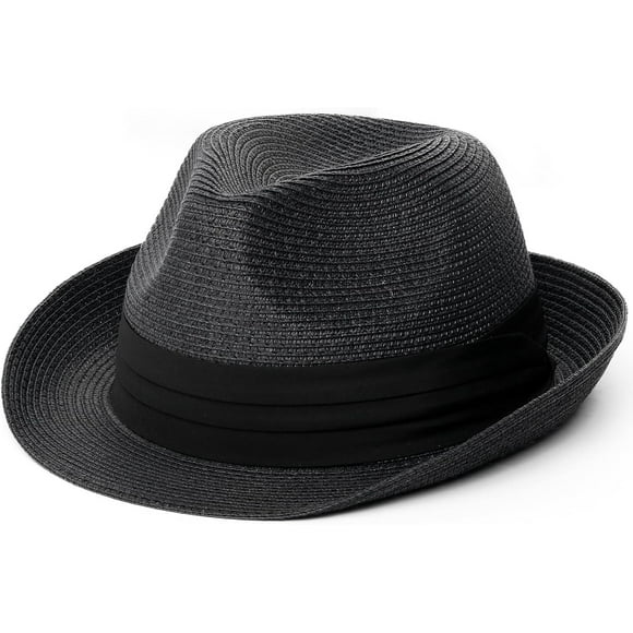 Large-X-Large BlackFedora Straw Sun Hat for Men Women Foldable Roll Up Short Brim Trilby Hat Panama Beach Hat UPF 80+