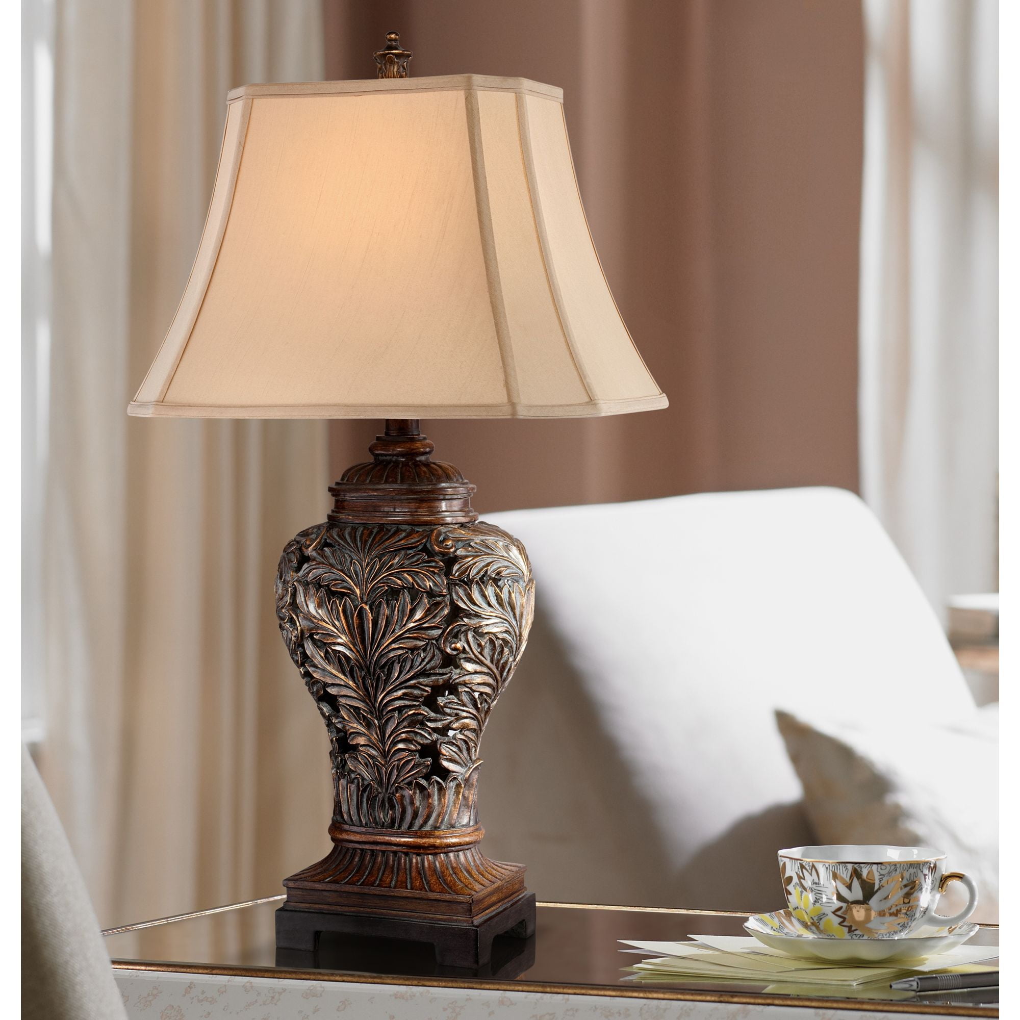 Barnes and Ivy Traditional Table Lamps 32.5" Tall Set of 2 Bronze Curling Leaves Tan Rectangular Shade for Living Room Family Bedroom Bedside