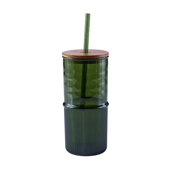 Better Homes & Gardens 22 oz Green Ribbed Tritan Plastic Sipper with Acacia Wood Lid and Straw