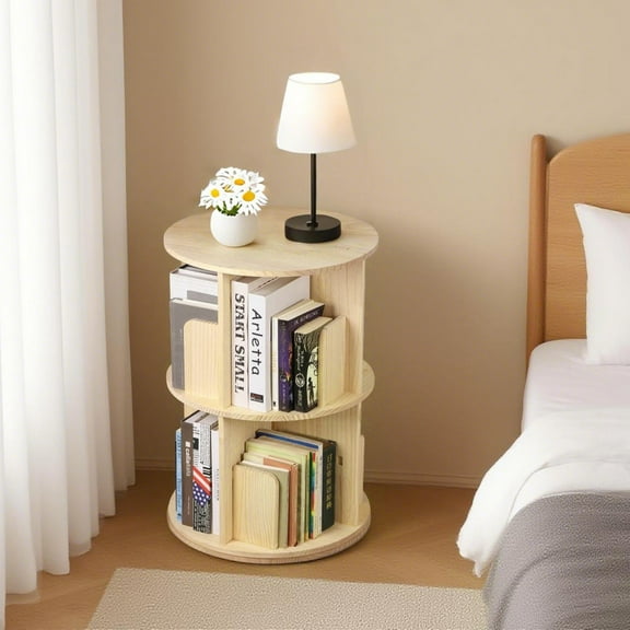 Favory Wooden Rotating Bookshelf 360 Display Floor Standing Bookcase Storage Rack for Kids&Adults Multi-Functional Bookshelf Organizer (2-Tier)