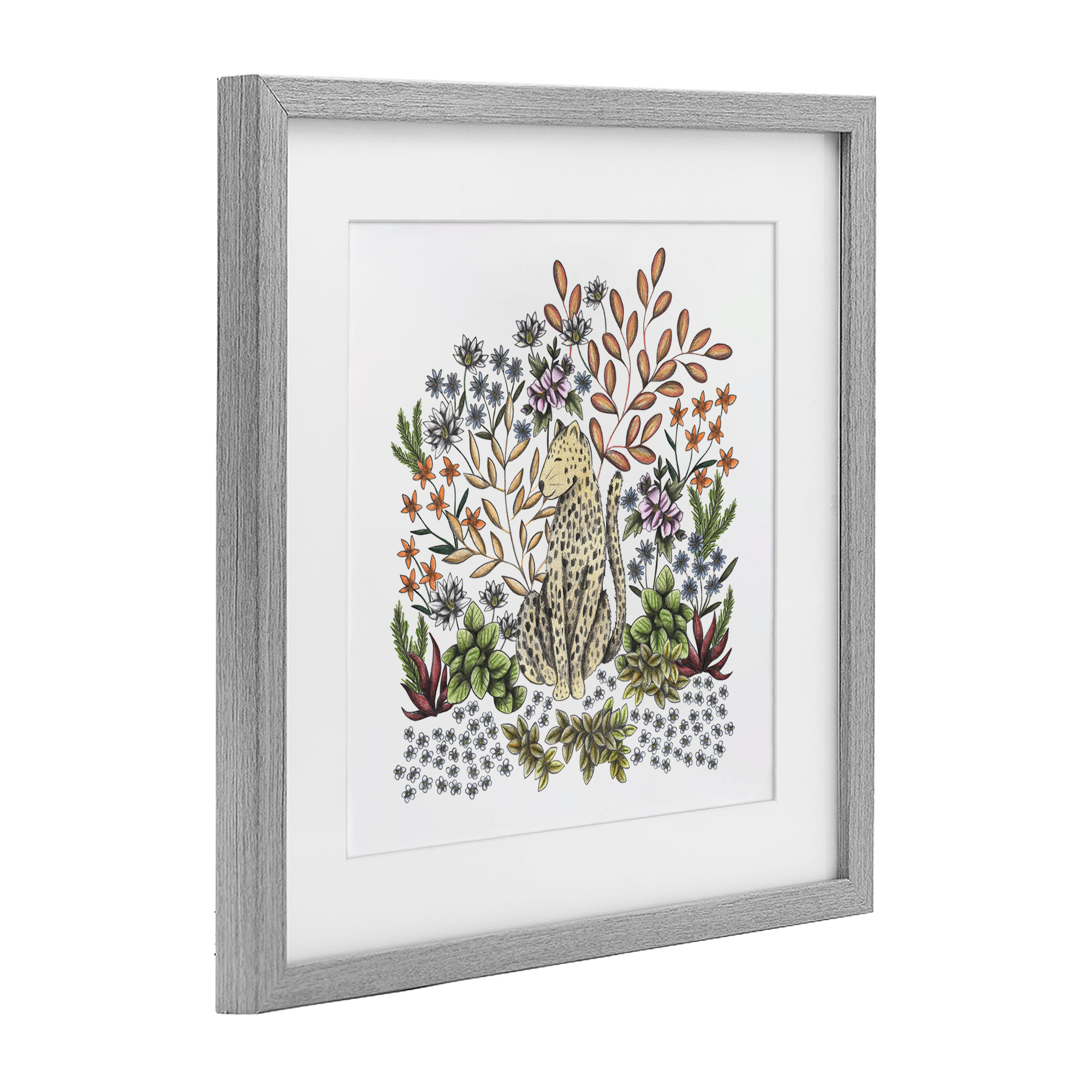 Jungle Wildlife Leopard Gray Framed Print Under Glass, design by Cecilia Battaini