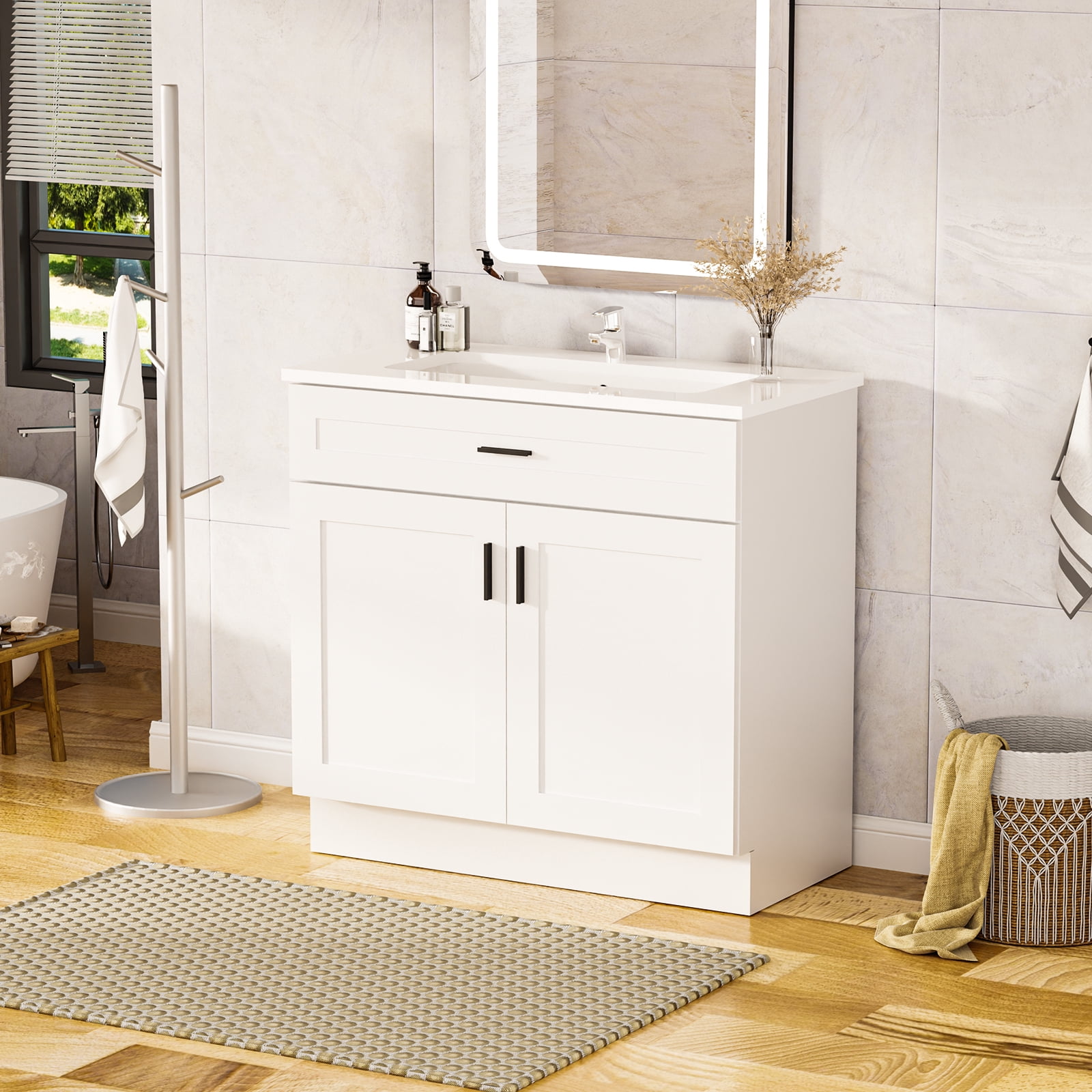 KZElegy 36" Bathroom Vanity with Top Freestanding Bathroom Vanity Set with Ceramic Sink,Farmhouse Bathroom Vanity Cabinet,White