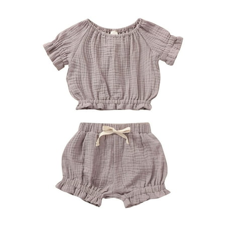 

Fesfesfes Toddler Baby Kids Girls Boys Ruffle Solid Linen Top Shorts Summer Outfits Set