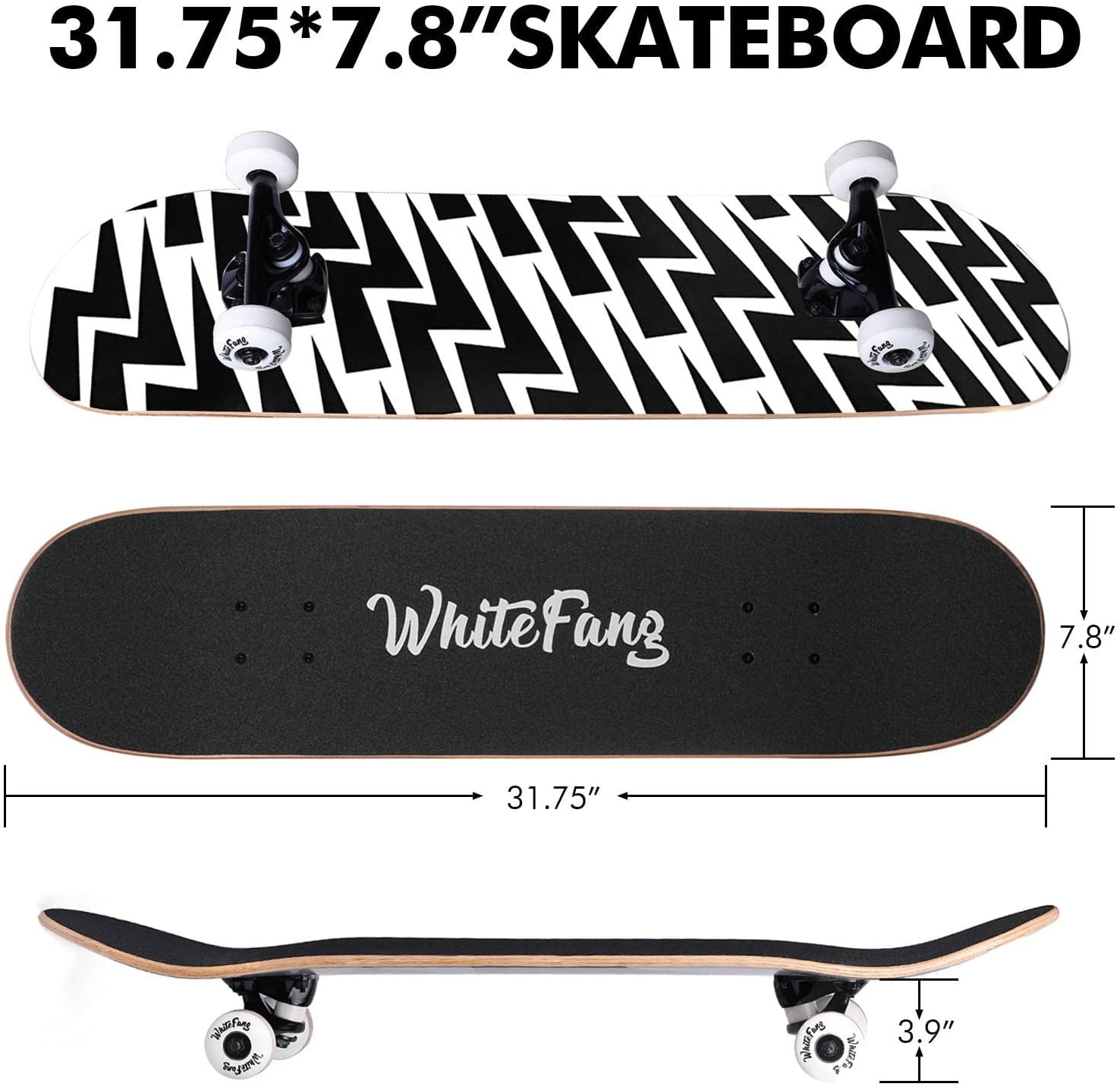 31x8 Complete Skateboards,7 Layer Canadian Maple Double Kick Deck Concave Standard Skate Boards Skateboard for Girls Boys Youths Beginners Wemfg Skateboard for Kids Adults Teens