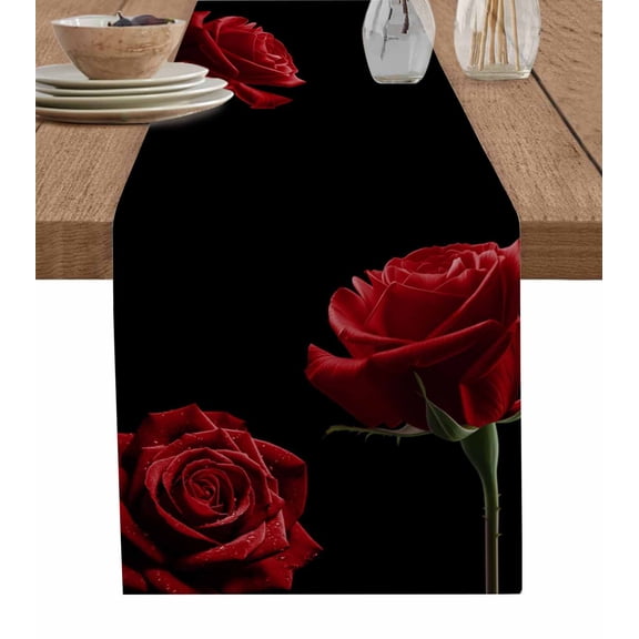 Red Rose Table Runner 70 Inches, Vintage Abstract Garden Flower Floral Black Bed Runner Dresser Scarves Tabletop for Indoor Outdoor Parties/Ceremony/Banquet, 13" x 70"