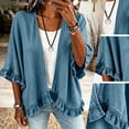 thumbnail image 4 of Cmfcve Women's Denim Jacket Open Front Vintage Jean Jackets 3/4 Ruffled Sleeve Lightweight Denim Cardigan, 4 of 8