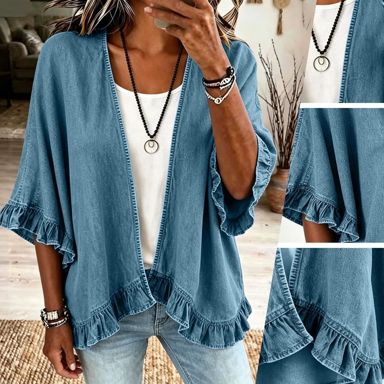 Jacket With Ruffles HVOBTTY Womens Fall Solid Open Front Denim Jacket Ruffle Sleeve Casual ...