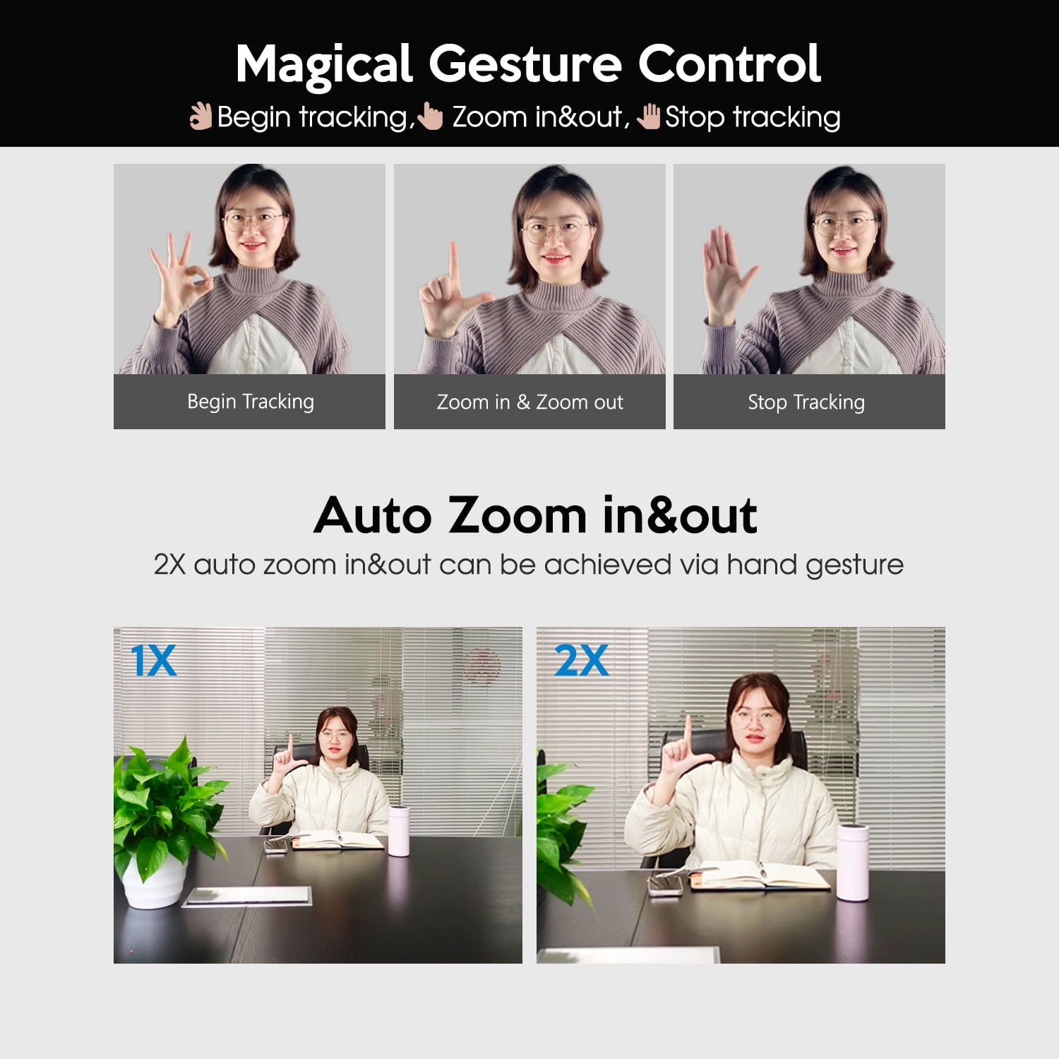 TOALLIN GC80 4K AI Tracking Webcam with Gesture Control, PTZ Streaming Camera, Dual Microphones, USB Plug & Play, for PC/Mac/Laptop/Conferencing