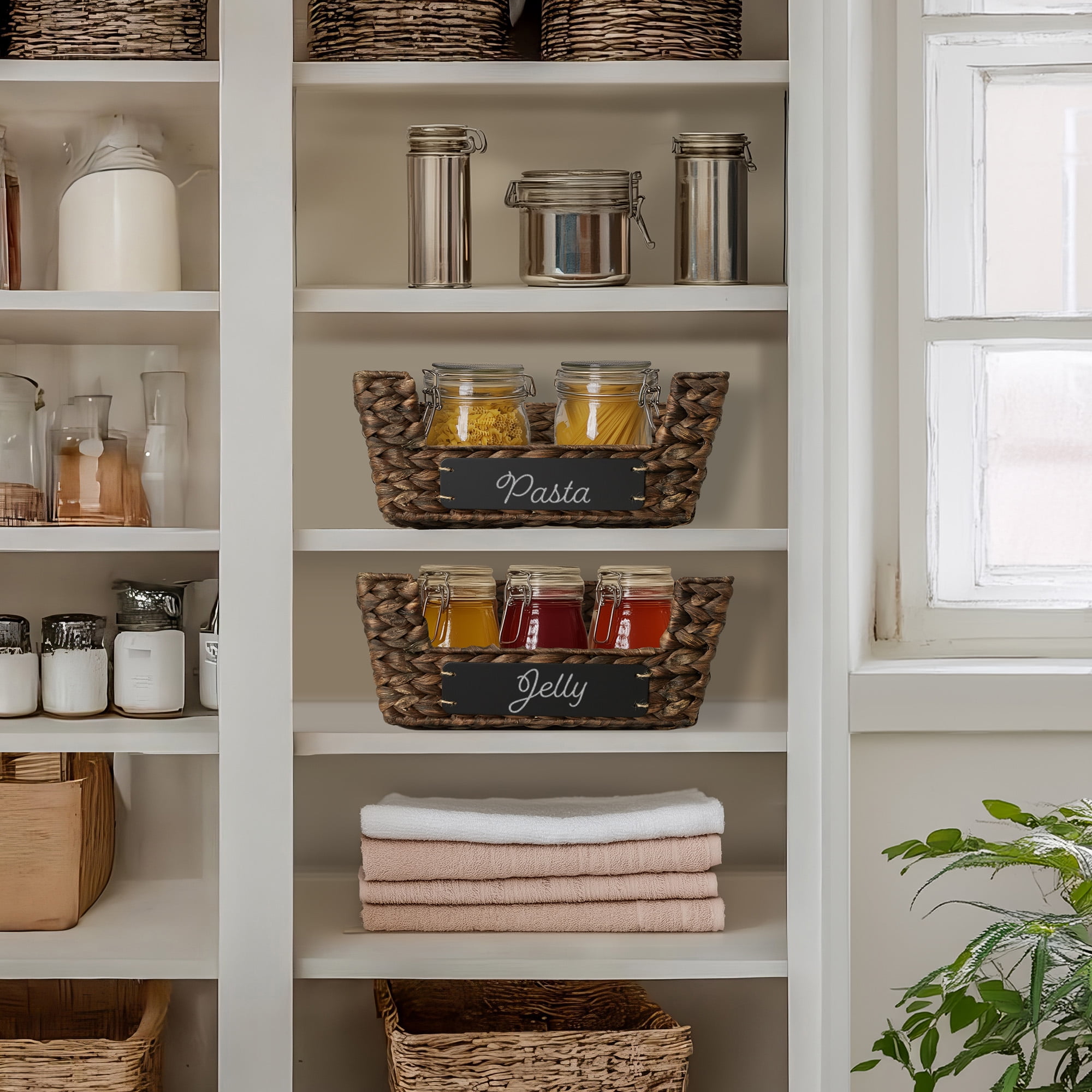 Casafield (Set of 2) Water Hyacinth Pantry Baskets with Handles and Chalkboard Labels - Espresso, Wide Woven Storage Baskets for Kitchen Shelves