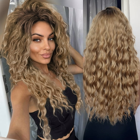 28 inch Long Brown Curly Wigs for Women Gradient Brown Wig with Dark Roots Wigs in Synthetic Hair