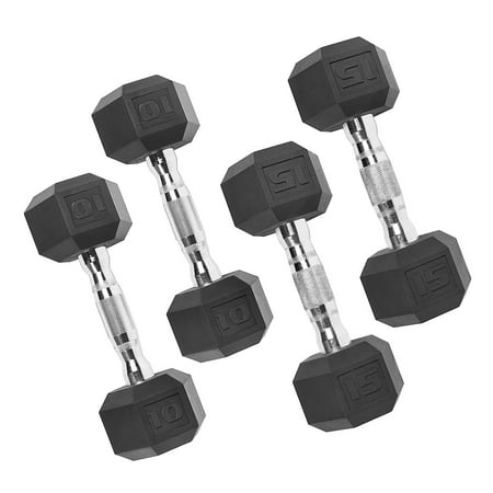 cap 50 lb rubber hex dumbbell weight set includes 2 x 10lb 2 x 15lb dumbbells