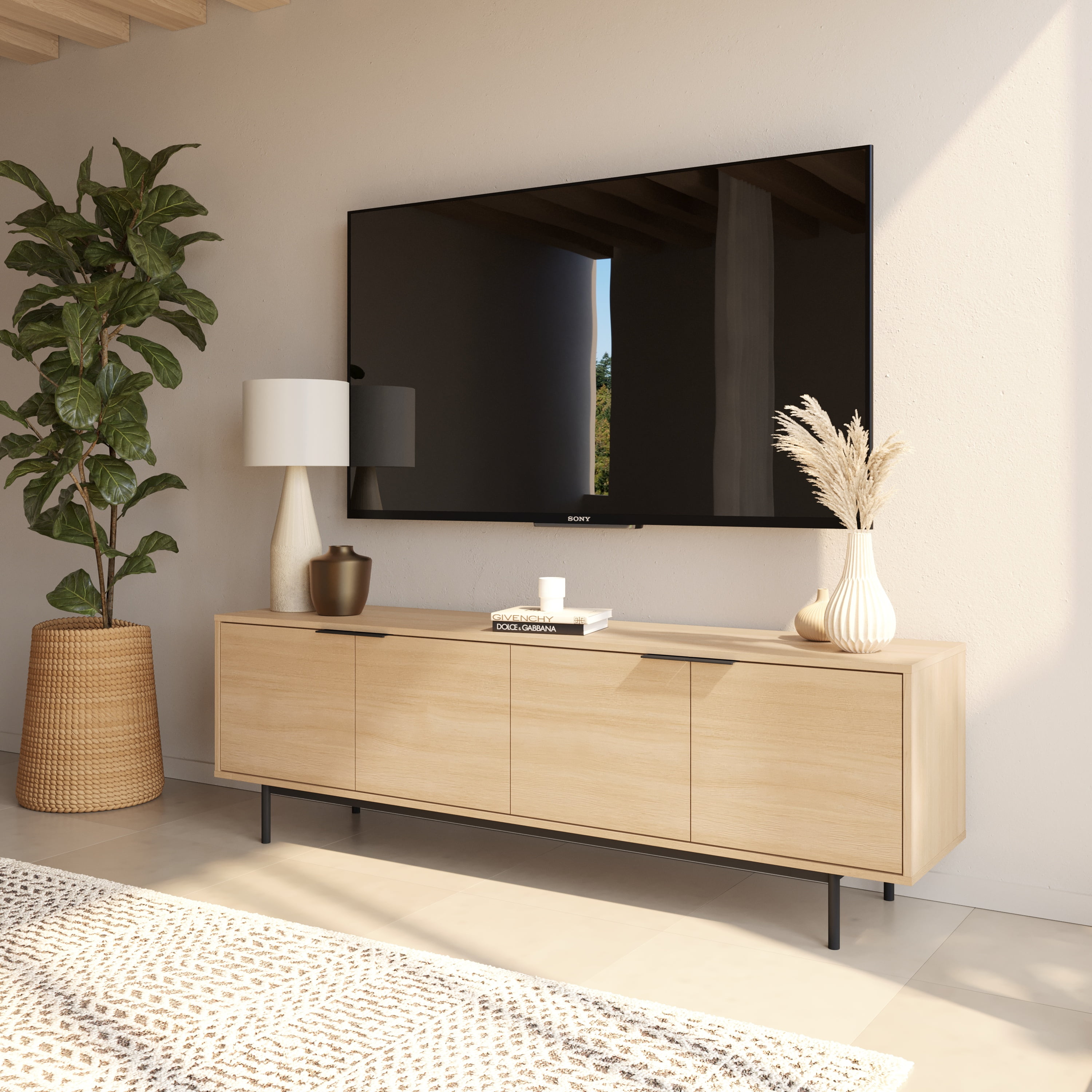 Nexera Hamilton 70 inch TV Stand with 4 Storage Cabinets, Natural Blonde Oak