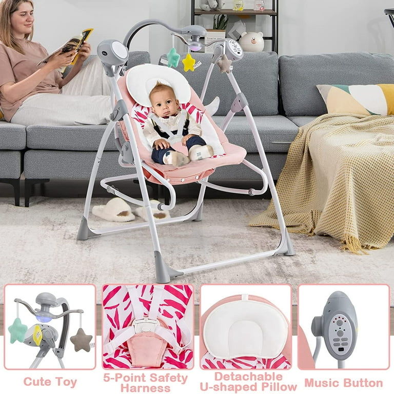 INFANS 2 in 1 Baby Swing and Bouncer for Infants Portable Newborn Rocker with 5 Speed Sway Music Timing 3 Toys Remote Control Easy Fold Compact