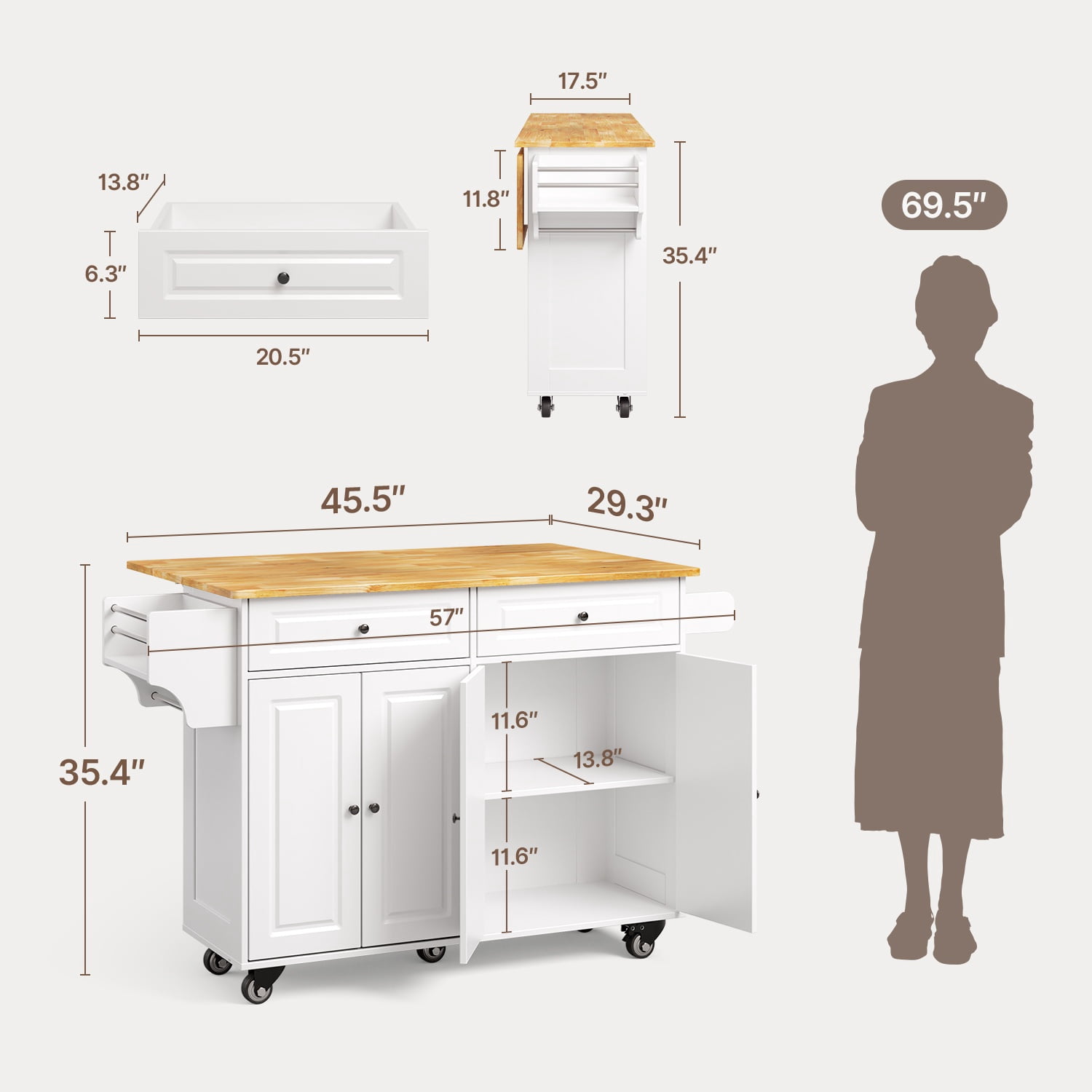 Noelse Rolling Kitchen Island Table with Storage, Drop Leaf Countertop, Kitchen Island with Rubber Wood Top, Cabinets & Rack, White