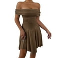 thumbnail image 2 of Women'S Off the Shoulder Mini Dress Ruffle Hem Ruched Corset Short Cocktail Party Dresses Brown S, 2 of 9