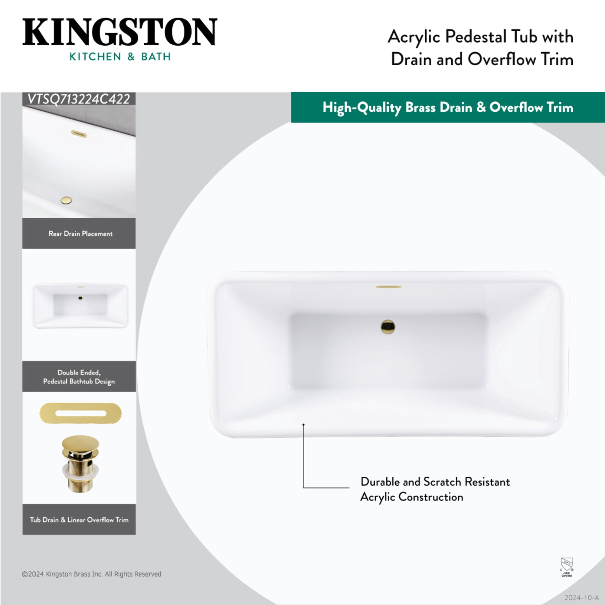 Kingston Brass VTSQ713224C427 71-Inch Acrylic Oval Rectangular Double Ended Pedestal Tub with Drain (No Faucet Drillings) in Glossy White/Brushed Brass