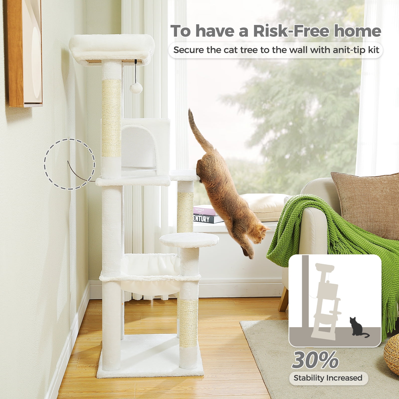 Kadyn 56" Wood Cat Tree Tower for Large Cats, Cat Tree House for Indoor Cats with Cozy Cat Condo, Super Large Hammock and Plush Perches, White