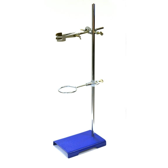 Laboratory Grade Metalware Set - Support Stand (8" x 5.25"), 12mm Dia. Rod (23.6" L), Cork Lined Clamp with Boss Head and Retort Ring (2.6" dia)