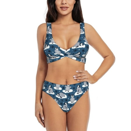 Zeuib Snow Penguin High Waisted Tummy Control Bikini Set - Knot Front Push Up Top & Cheeky Thong Bottom  Two-Piece Swimsuit for Women-Large