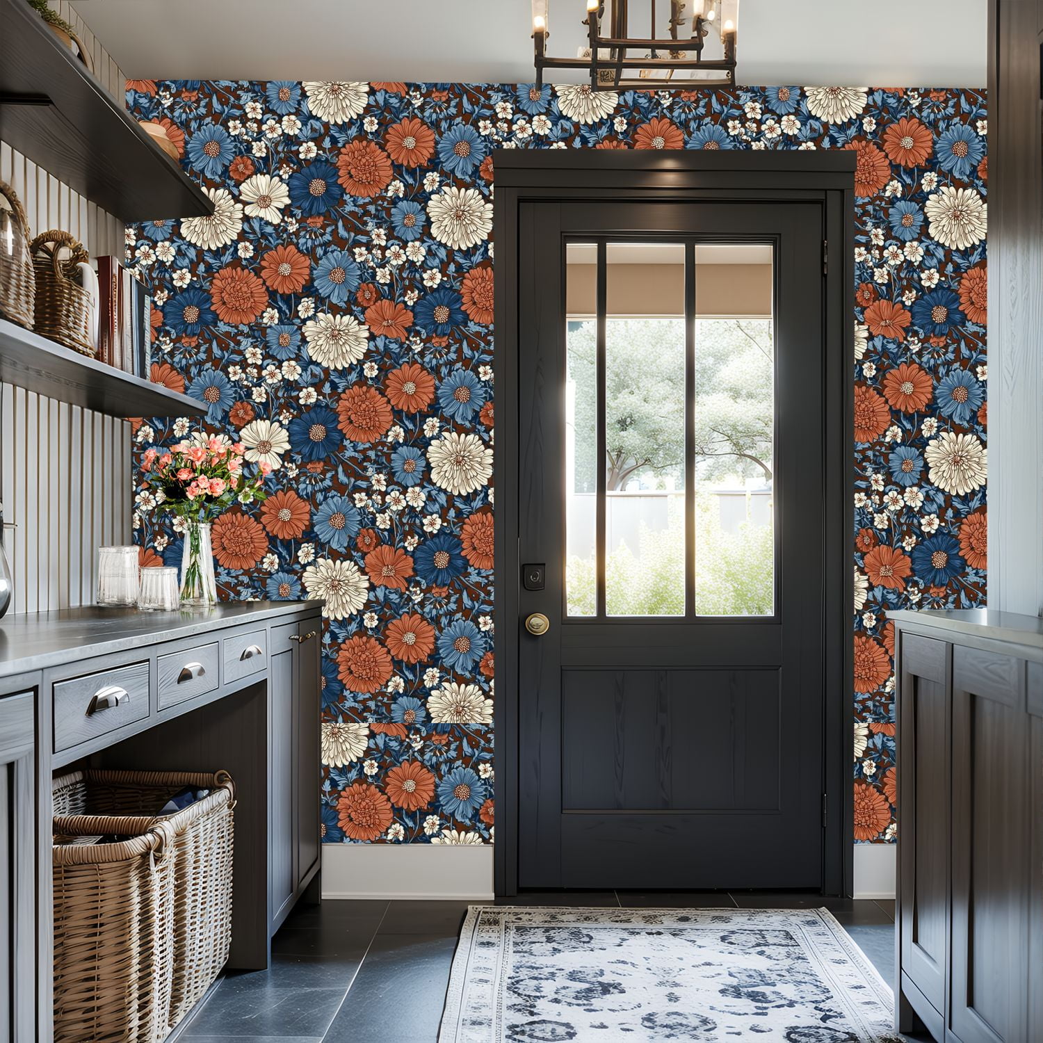 Peel and Stick Wallpaper 17.7in x 9.8ft Dark Brown Blue Vintage Floral White Accents Contact Paper Vinyl Self-Adhesive Removable Wall Paper for Bedroom Nursery Bathroom Renter Friendly
